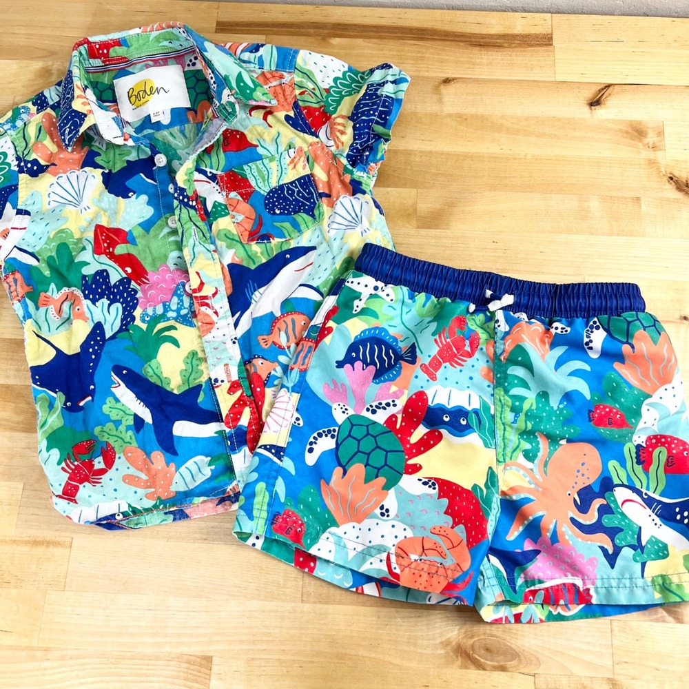 Boden Shirt and Swim Shorts Set Sea Creature Boys Size 4 Colorful Linen Cotton